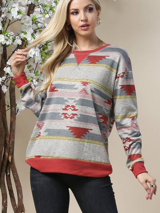 KC1021-BROOKE CAMISOLA HACCI COM PADRÃO AZTECA E BLOCO DE COR por atacado de Avery