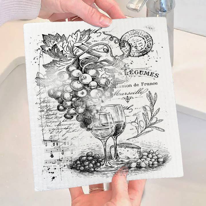 Vintage Shabby Wine and Grapes Swedish Dishcloth for wholesale by Avery Lane Gifts