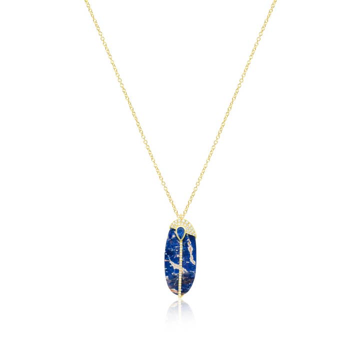14kt Yellow Gold Sodalite with Diamond and Sapphire Pendant Necklace for wholesale by Meira T