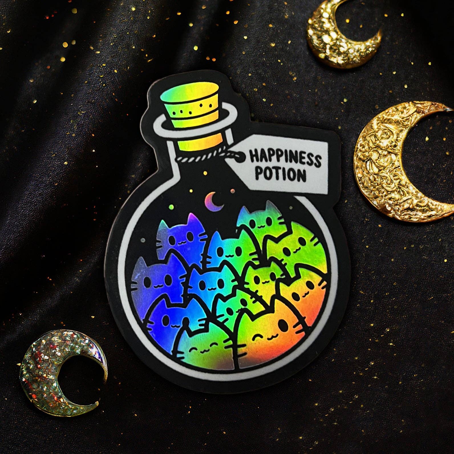 Moonstruck Crystals - Wholesale Sticker - Happiness Potion Kitty Cat Holo Sticker