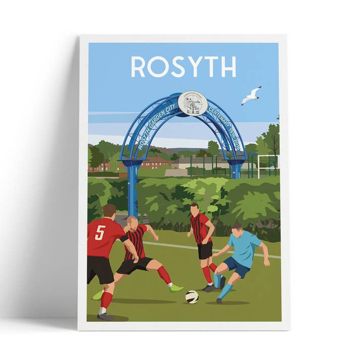 Rosyth Travel Poster – Garden City Arch & Football Scene for wholesale by Printagonist