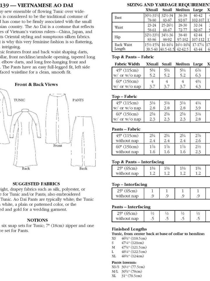 Folkwear - Wholesale Tunic – Women’s - 139 Vietnamese Ao Dai - Sewing Pattern9