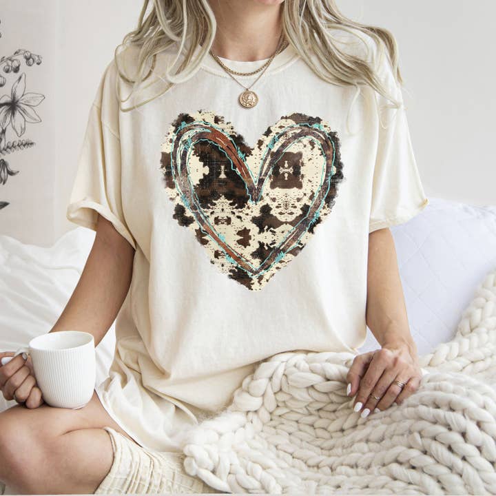 Western Heart, Cowhide Print, Valentine's Day, Love, T-Shirt for wholesale by Refinery Number One LLC