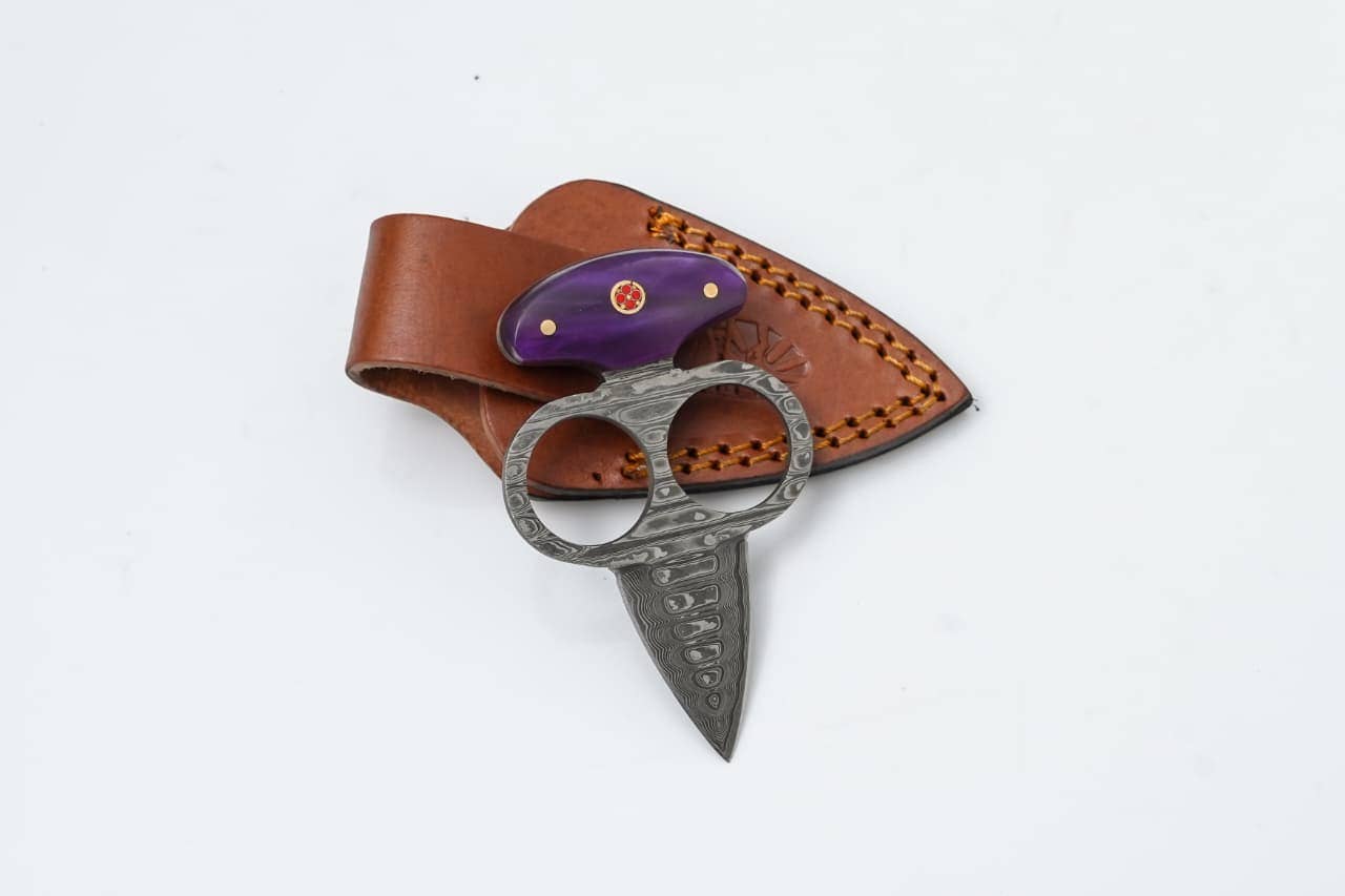 Titan International - Wholesale Pocket Knife/Holder - Damascus Push Dagger with Purple Resin Handle & Leather Sheath1