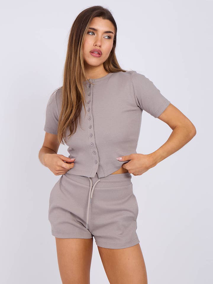 AX Labels - Wholesale Lounge Set - Women's - Ribbed Button Through Short Sleeve Top and Shorts Co-ord36