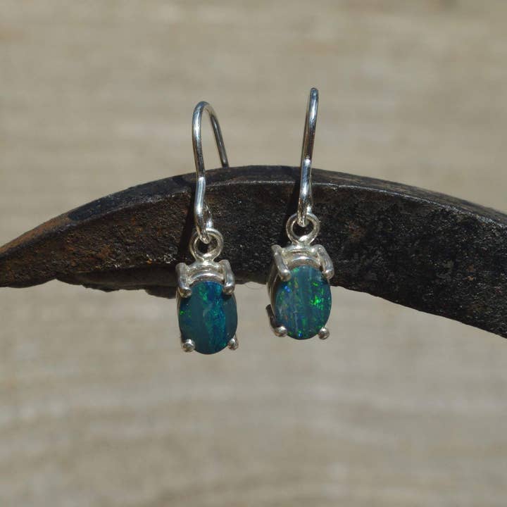 Oval Opal and Silver Drop Earrings, Green Opal Doublets for wholesale by OlliesOpals