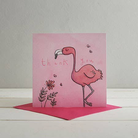Thank You Flamingo Greetings Card for wholesale by Helen Wiseman Illustration