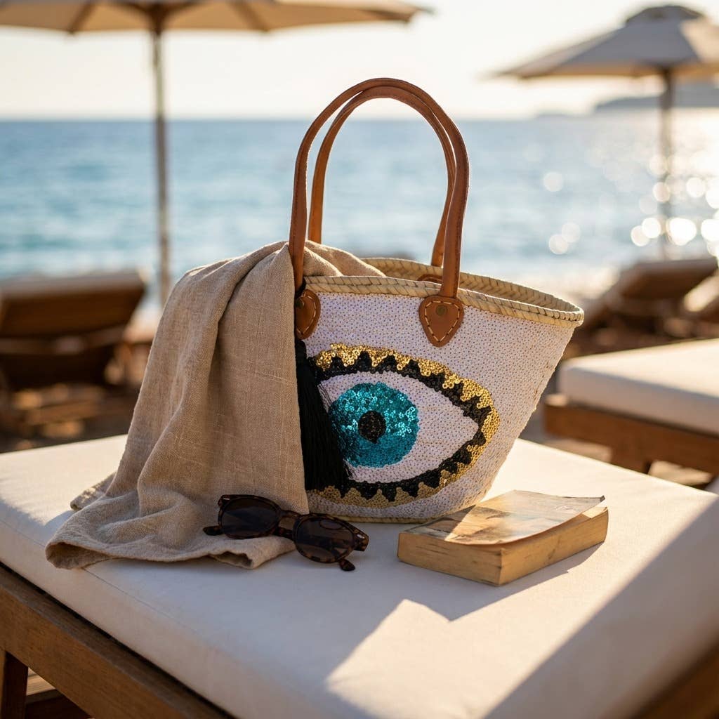 Melecraft - Vente Sac de plage - Sac fourre-tout en paille à sequins œil maléfique - Noir bohème plage9