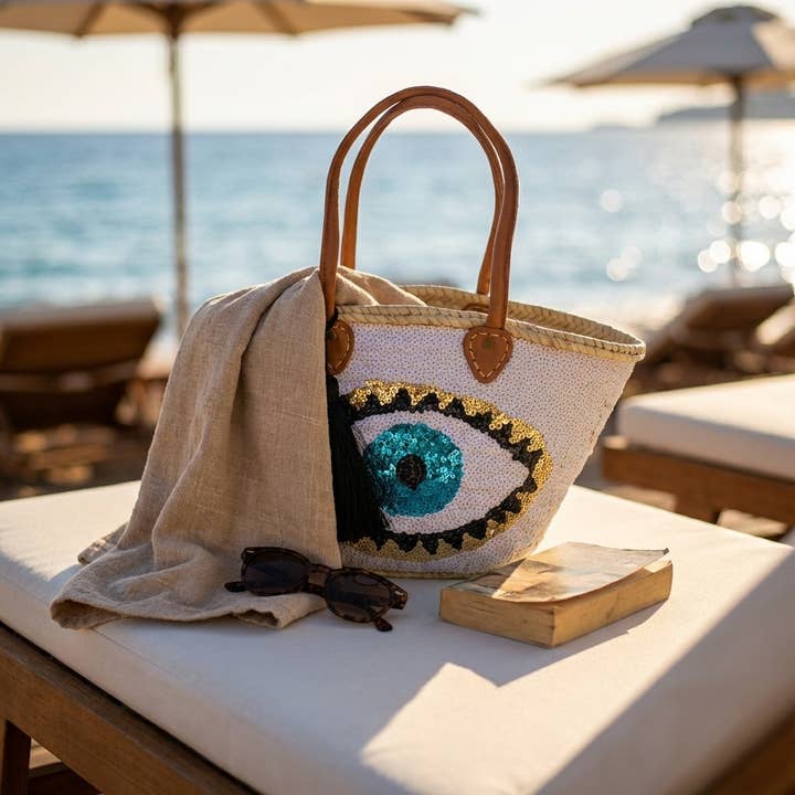 Melecraft - Vente Sac de plage - Sac fourre-tout en paille à sequins œil maléfique - Noir bohème plage9
