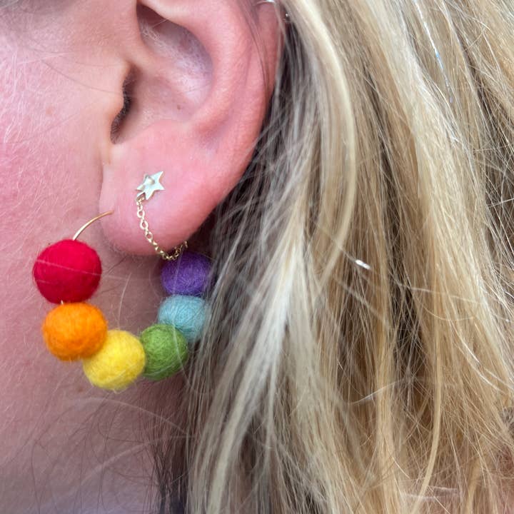 Honey Loom Designs - Wholesale Hoop Earrings - Rainbow Felt Ball Hoop Earring1