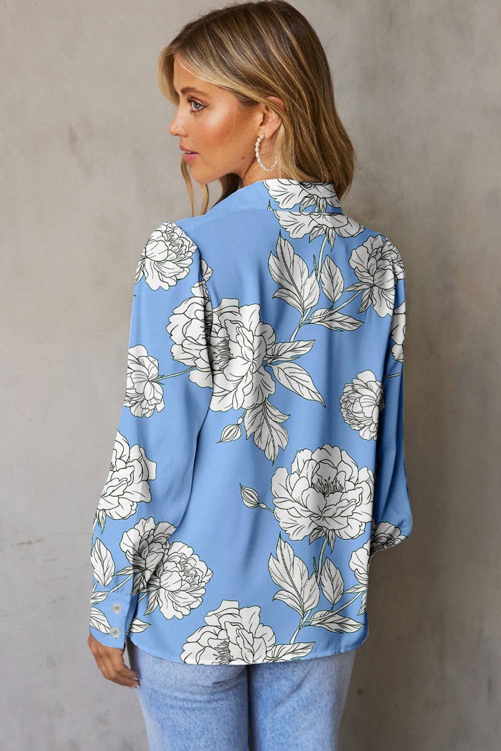 Sky Blue Floral Print Button Up Pleated Detail Puff Sleeve Shirt for wholesale on Faire1