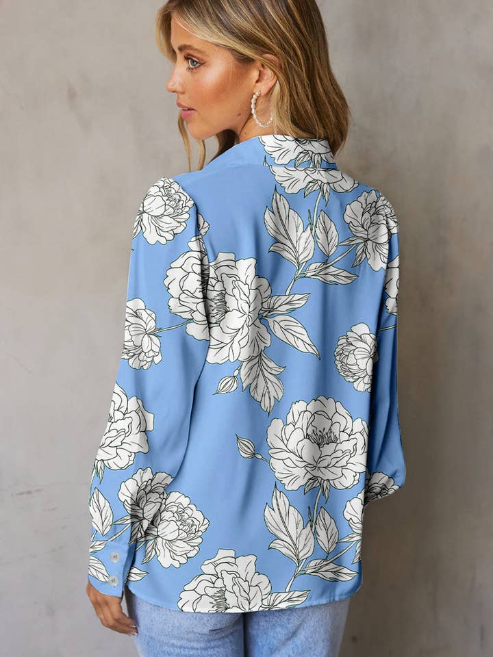 Sky Blue Floral Print Button Up Pleated Detail Puff Sleeve Shirt for wholesale on Faire1