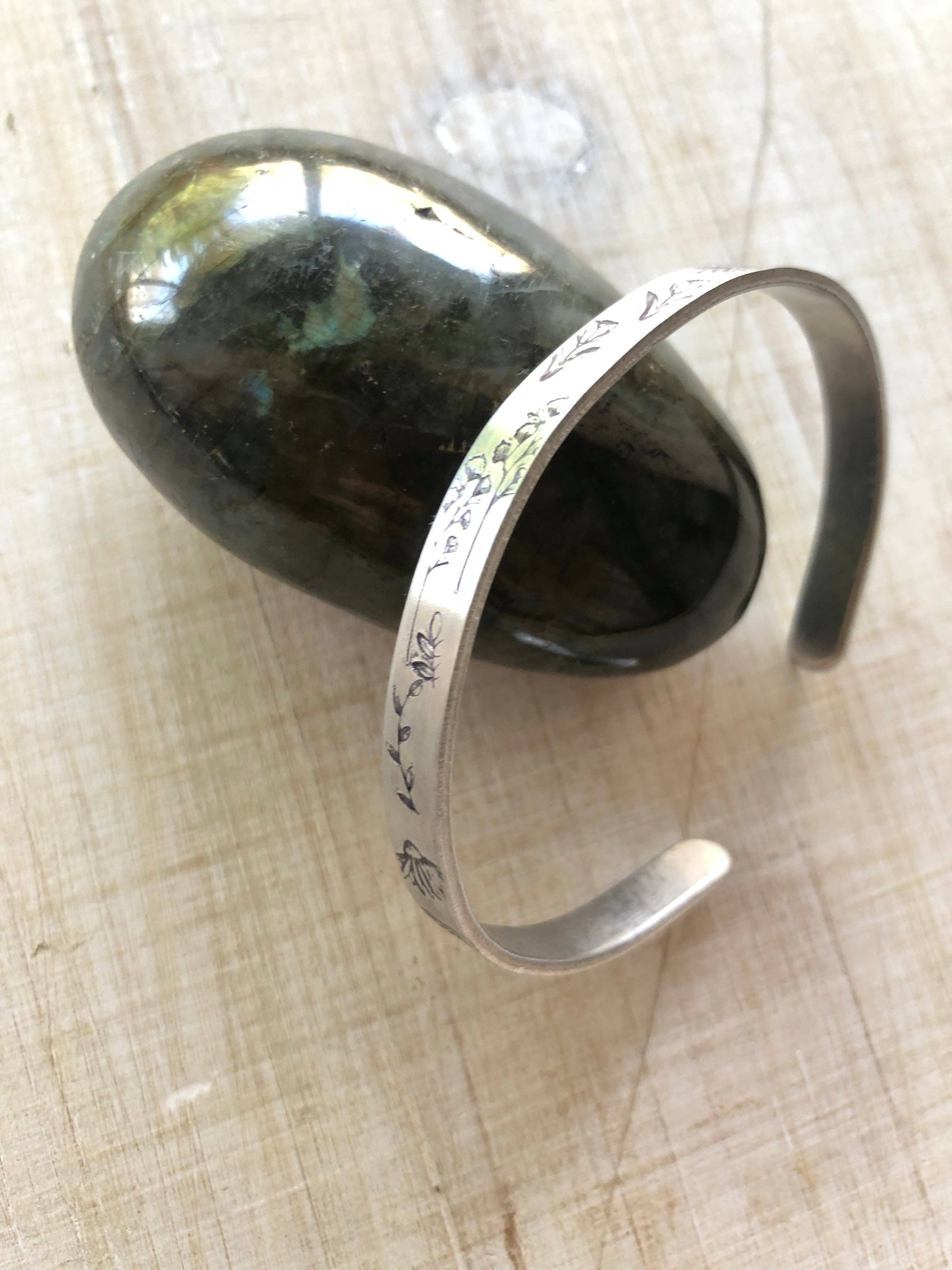 Rising Dawn Boutique – wholesale Cuff bracelet – Silver cuff with hand stamped wildflowers, skinny version3