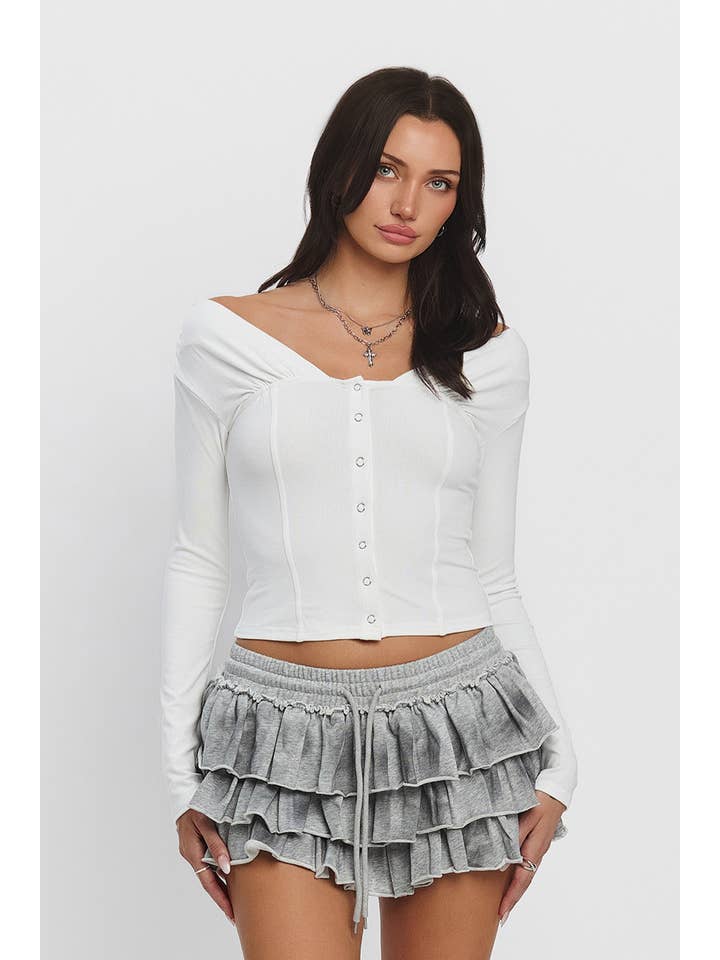 No Vacancy - Wholesale Knit Top - Women's - Off shoulder button down long sleeve top