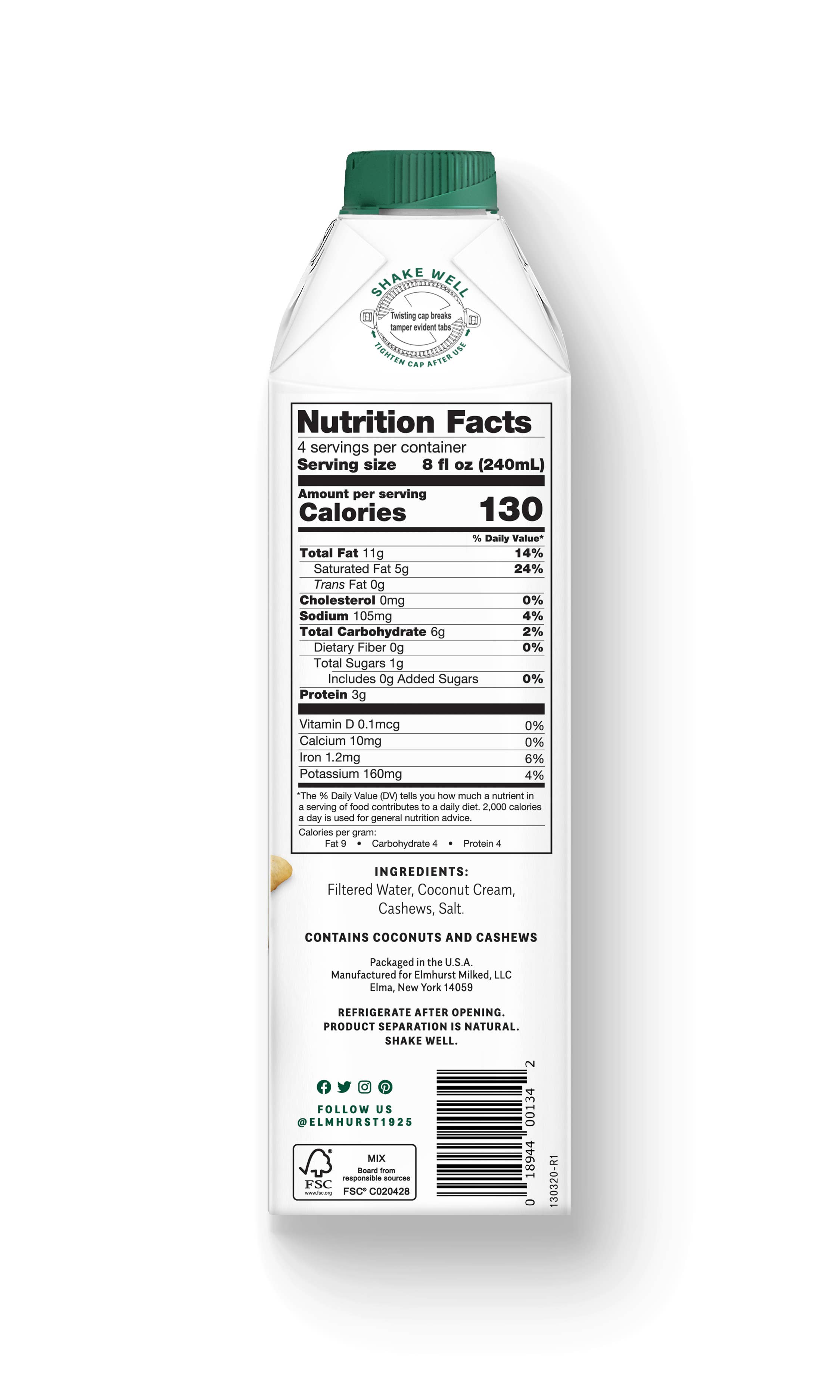 Elmhurst 1925 - Wholesale Non-Dairy Milk - Unsweetened Coconut Cashew Milk, 32oz [6-Pack]2
