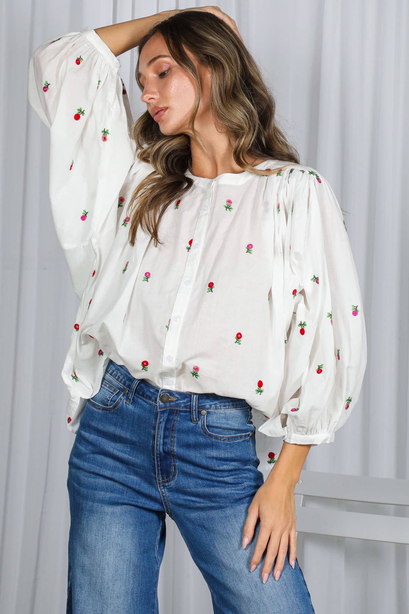 Off White English Ross Embroidered Draped 3/4 Sleeve Blouse VT82897 for wholesale on Faire0