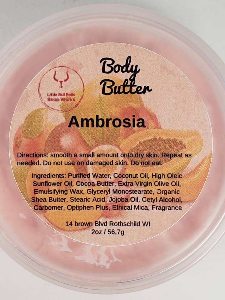Ambrosia Body Butter Mini for wholesale by Little Bull Falls Soap Works