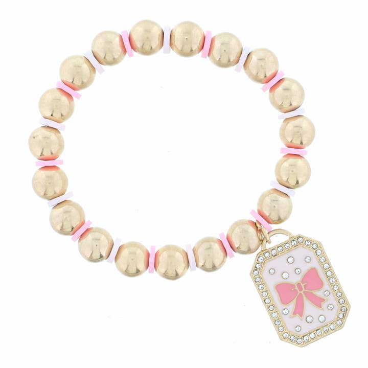 Kids Light Pink Enamel with Crystals & Pink Bow Bracelet for wholesale by Jane Marie