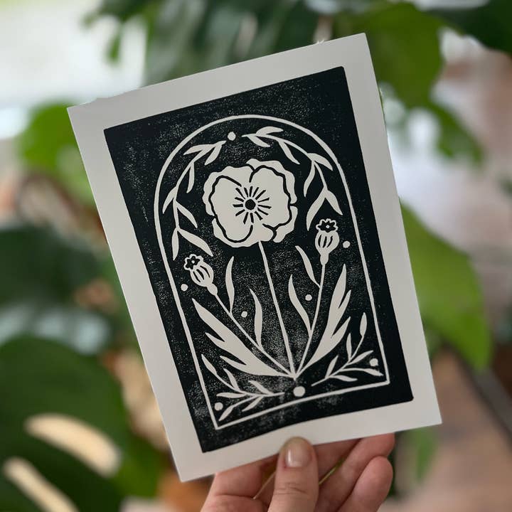 Poppy Greeting Card | Block Print Greeting Card | Floral for wholesale by Kourtni Gunn Art