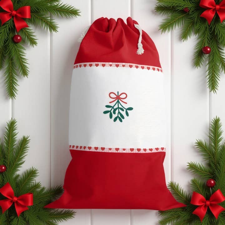 Sacco di Natale Rosso Chic con Vischio – Decorazione Festiva Elegante per la vendita all'ingrosso da parte di Aminelle & Willow