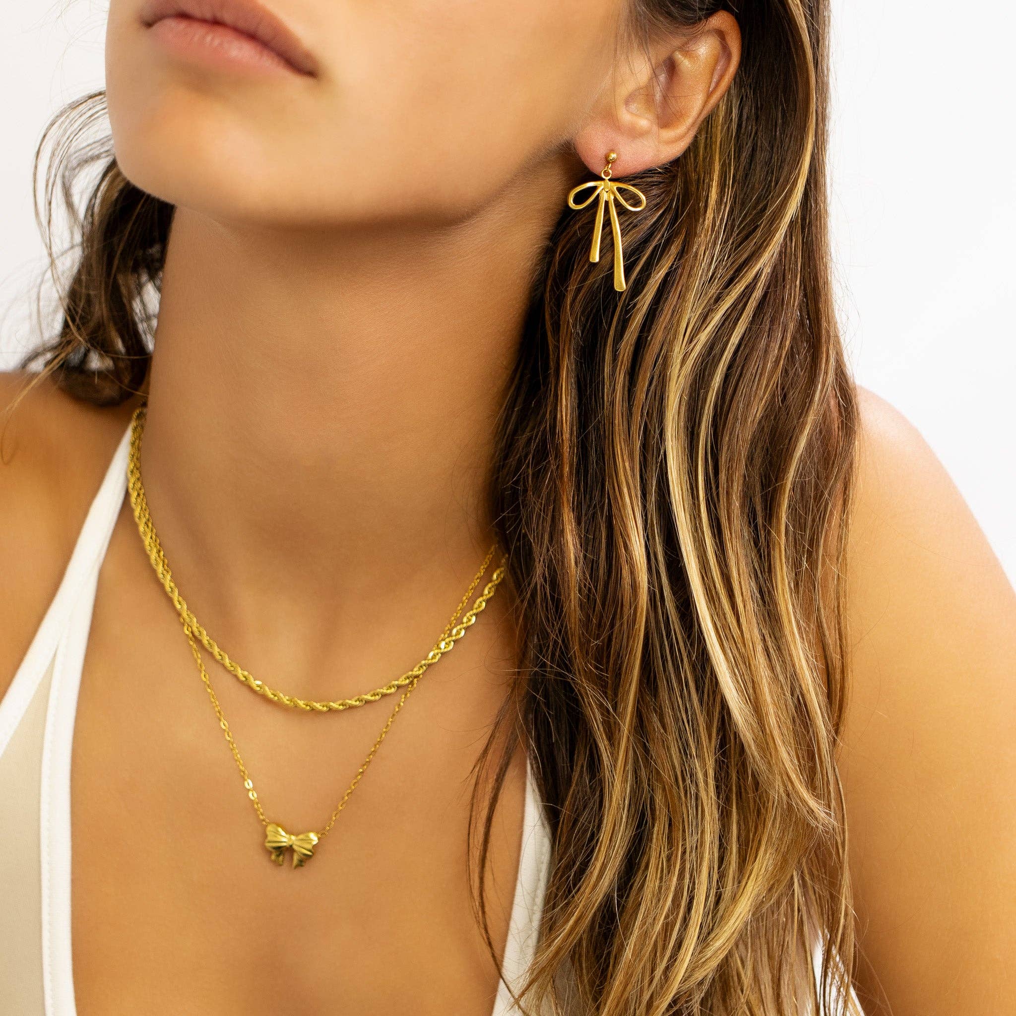 WJW - Wholesale Dangle Earrings - 18K Gold PVD Stainless Steel Ribbon Bow Earrings9