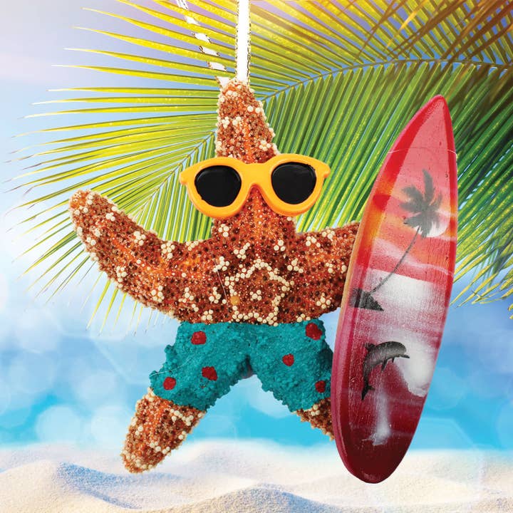 Surfer Sugar Starfish Ornament for wholesale by California Seashell Company
