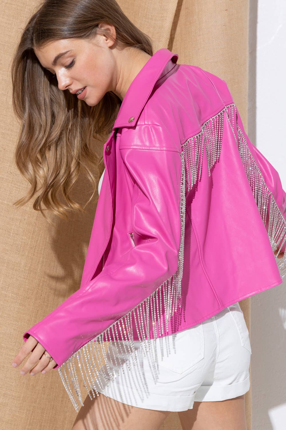 Blue B – wholesale Leather jacket – Women′s – 31959J - Faux Leather Moto Jacket Rhinestone Fringe Back4