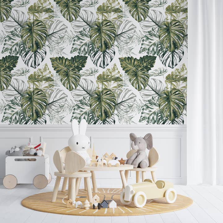 Carta da parati vivaio foglie tropicali, murale da parete giungla verde per la vendita all'ingrosso da parte di SimurgWallArts