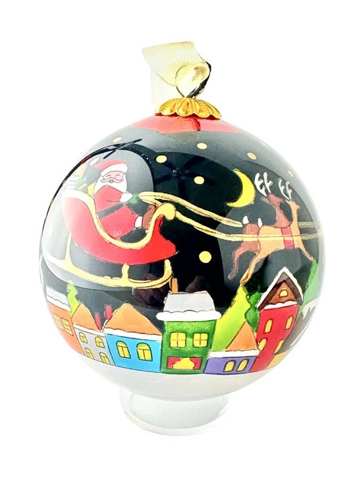 Hand-Painted Glass Ornament - Santa Night Sky for wholesale by Kitty Keller Designs