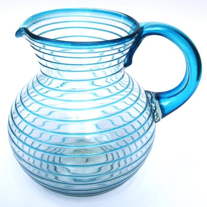 Mexican Recycled Aqua Blue Spiral 120 oz Large Bola Pitcher for wholesale by MexHandcraft