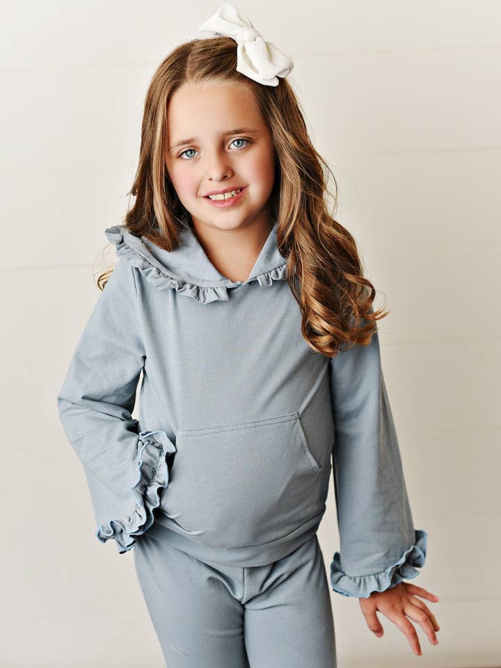 Oopsie Daisy - Wholesale Lounge Set - Kids - Kids Gray Hooded Ruffle Pocket Lounge Set