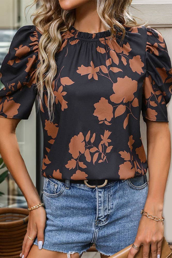Nero Camicetta con maniche a sbuffo con stampa floreale con scollo a balze in vendita all'ingrosso su Faire0