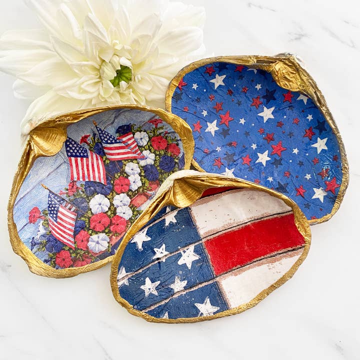 Patriotic 4th of July American Flag Decoupage Clam Shell for wholesale by Adori Designs