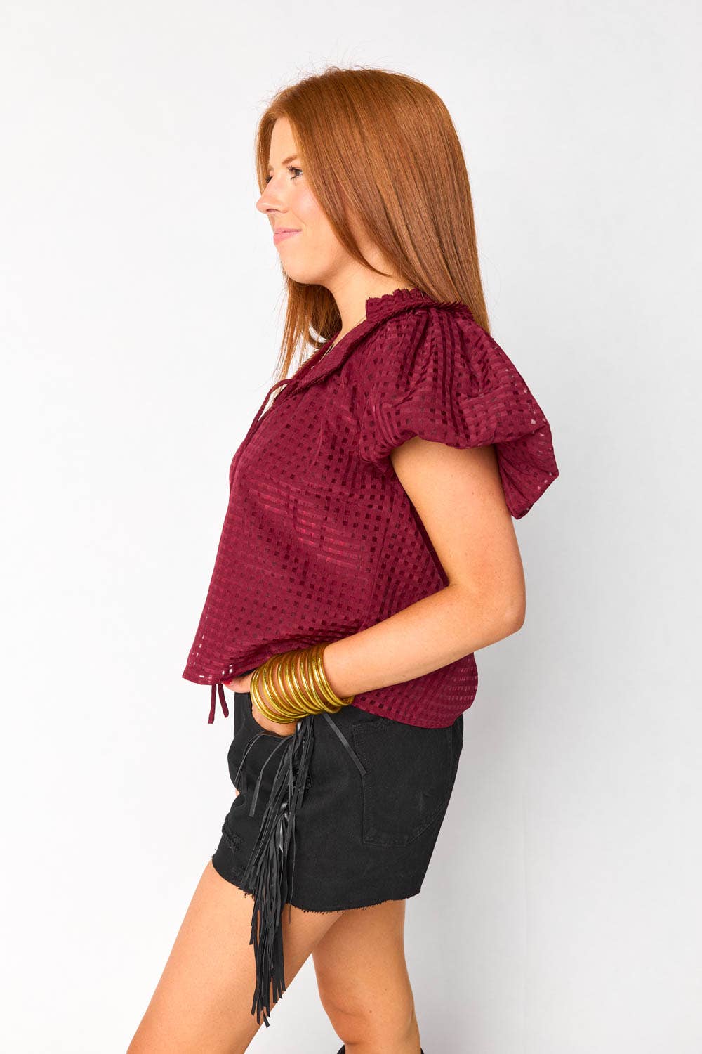 BuddyLove - Wholesale Blouse - Women's - Leeland Maroon Ruffle Short Sleeve Top1