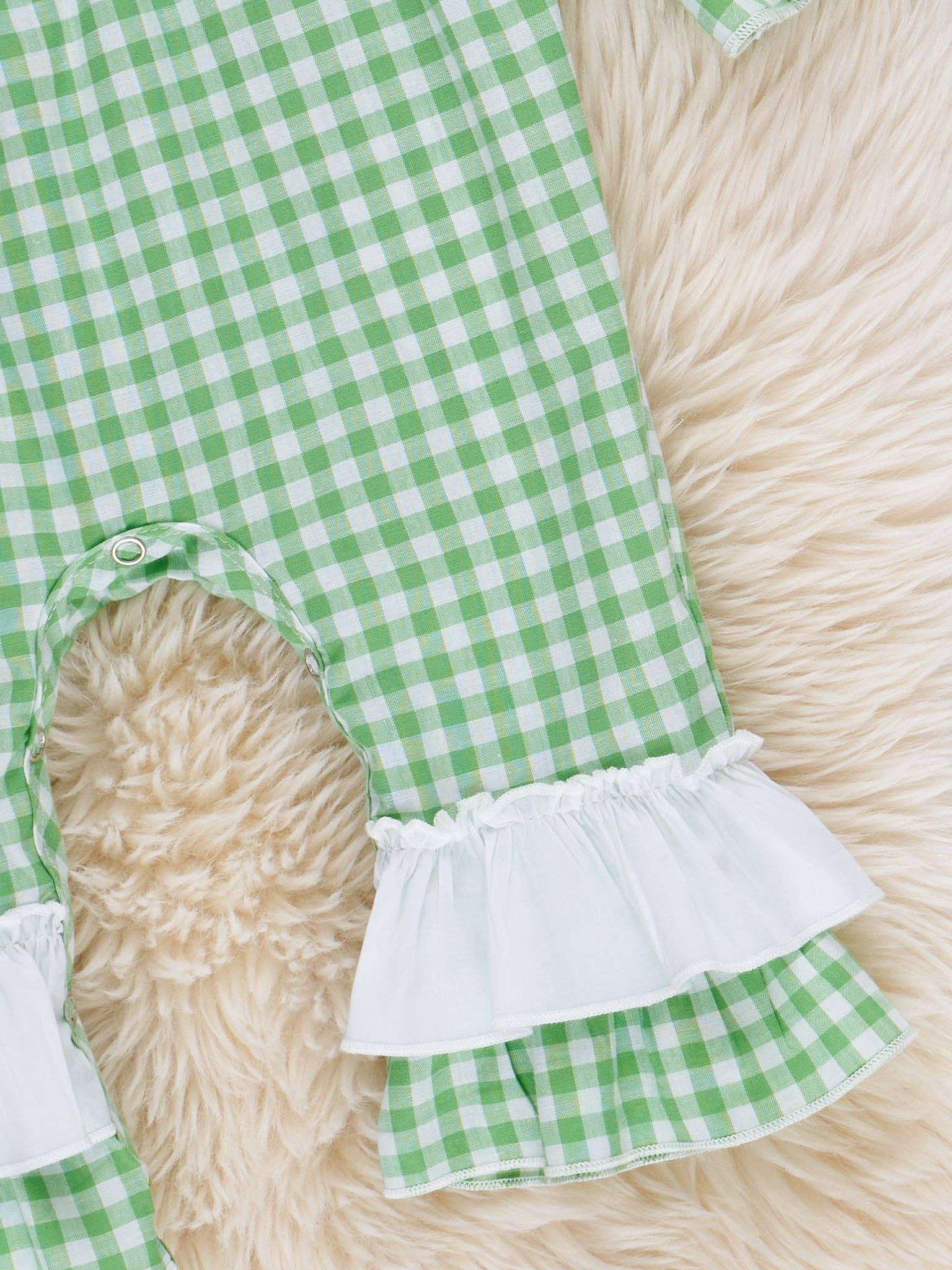 Marie Nicole Clothing - Wholesale Jumpsuit - Baby - Evergreen Gingham Smocked Ruffle Romper2