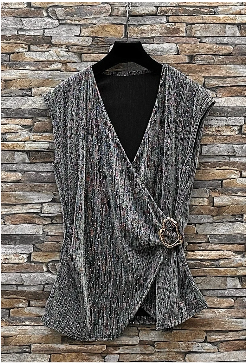 LOOWIE - Wholesale Blouse - Women's - ELBLSMP Italian Silver Metallic Pleated Wrap Blouse LOOWIE0