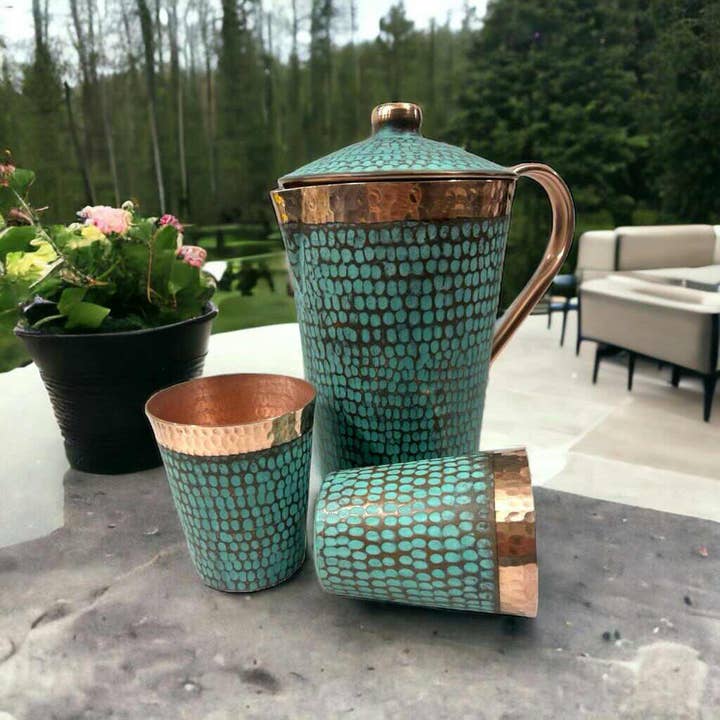 Ambiente Home Décor - Wholesale Pitcher - Set of 1 Hammered & Turquoise Copper Pitcher and 2 Tumblers3