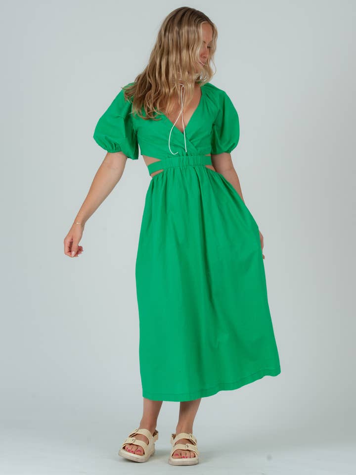 LCD2494-NATASHA PUFF SLEEVE BOHO DRESS-KELLY for wholesale by Lucca Couture