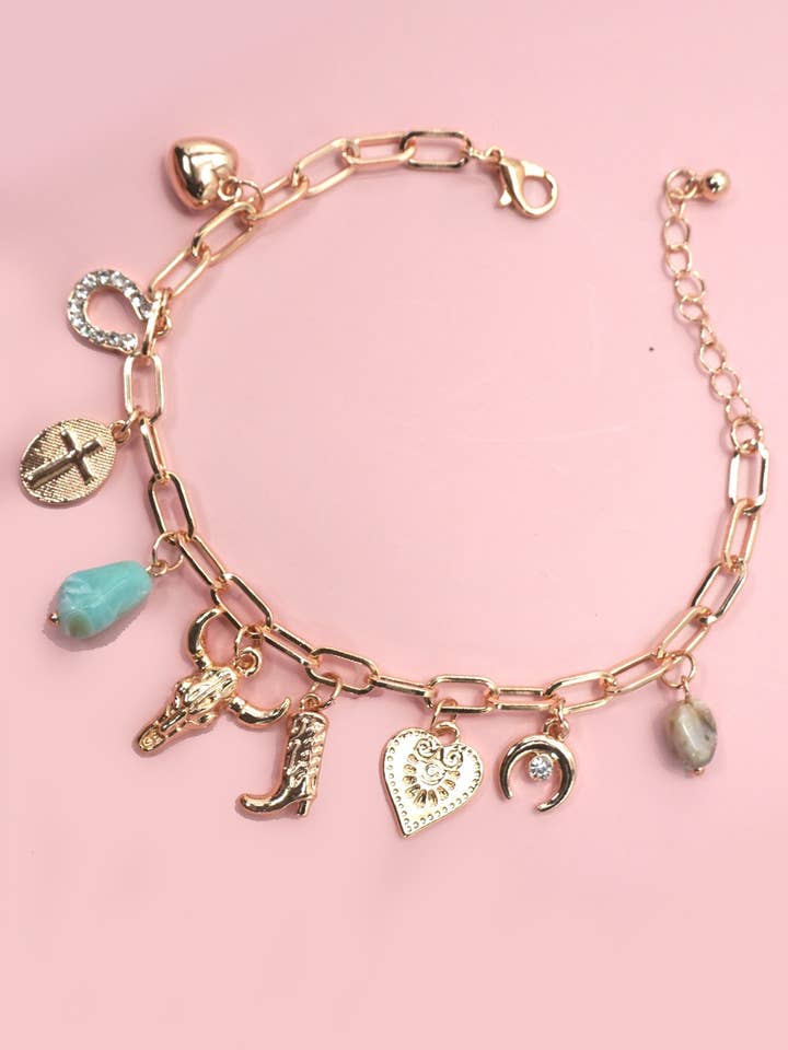 CHARM BRACELET-WESTERN BOOT BULLHEAD STONE | 80B1291 for wholesale by JOSSLYN by wall to wall