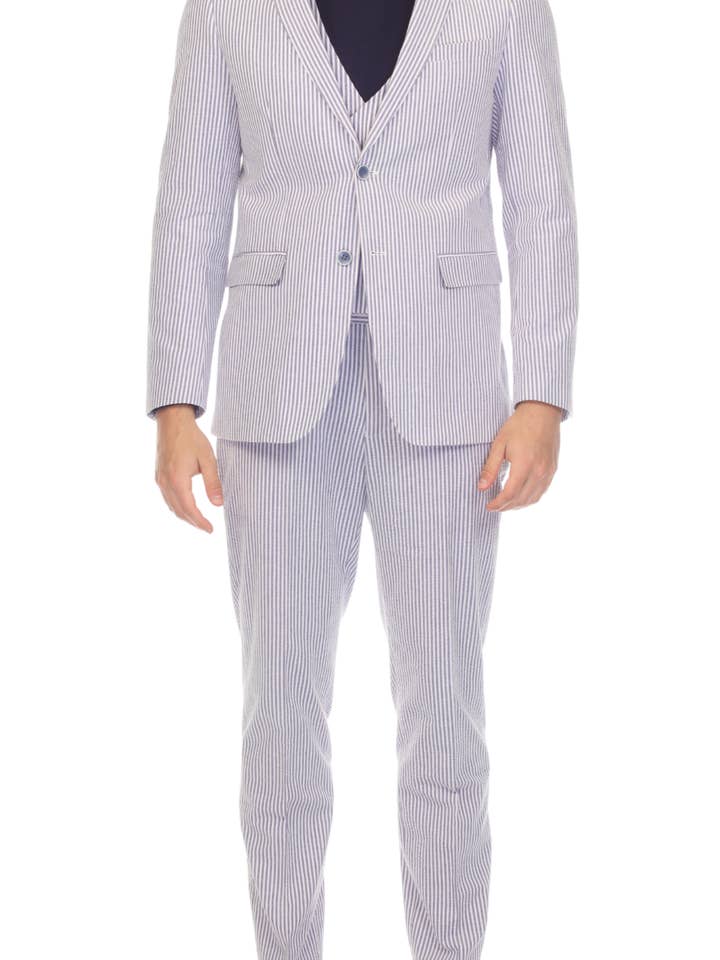 Men's Regular Fit Two Button Blue Seersucker Suit for wholesale by Ferrecci
