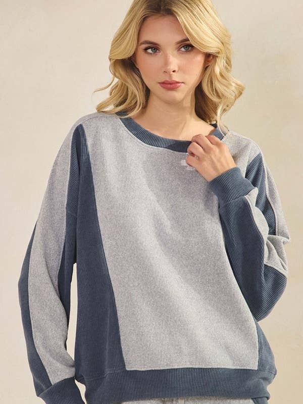 Women's Relaxed Colorblock Corduroy Pullover Top Plus Size for wholesale by Yelete