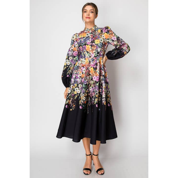 INA - Wholesale Dress - Women's - Long Puff Sleeve Floral Print Midi Dress