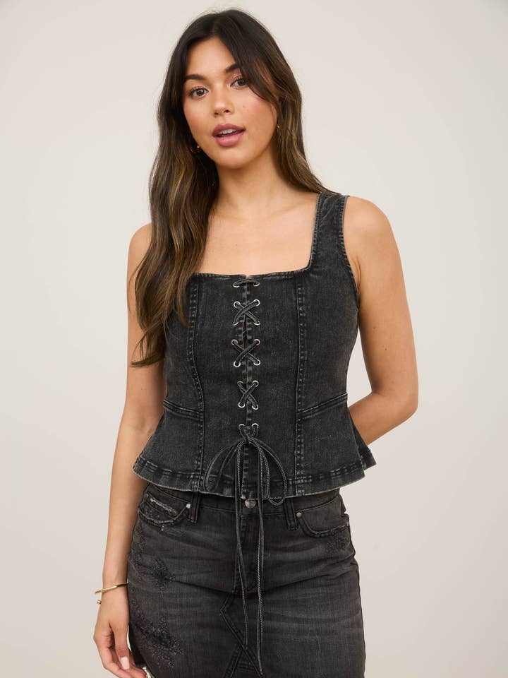 BLACK LACE UP FRONT SLEEVELESS DENIM TOP for wholesale on Faire3