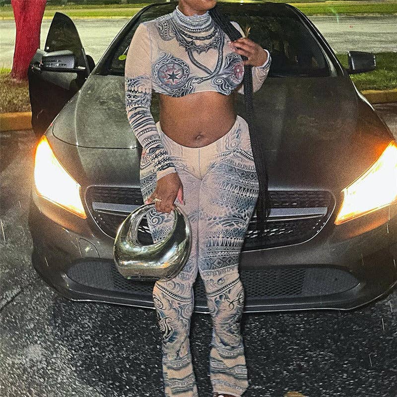 KHAKI MB FASHION TATTOO MESH CROP TOP LEGGING 2 PCS SET 1304LY for wholesale on Faire5