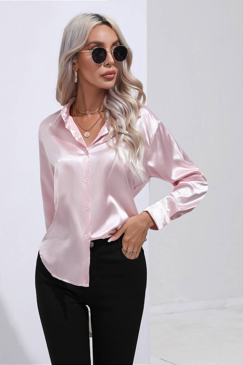 NINEXIS - Wholesale Button Down Shirt - Women's - CWTBLL0690_Button Down Silky Satin Long Sleeve Top16
