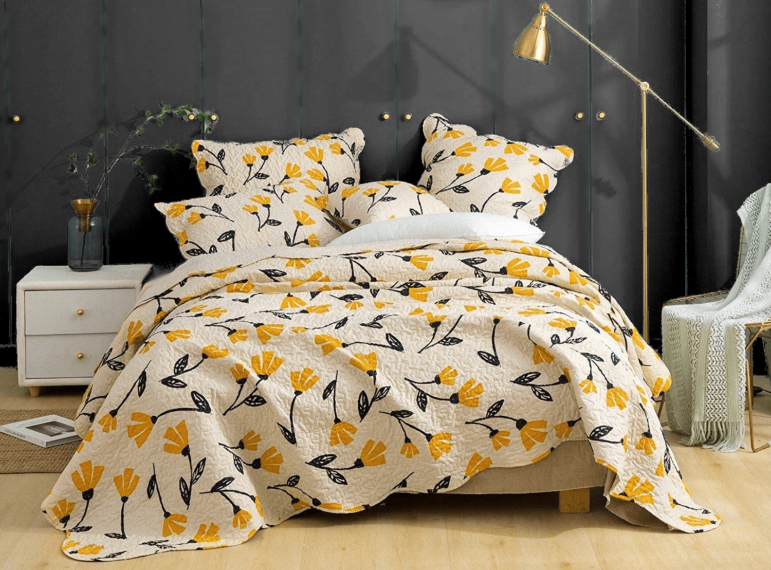 DaDalogy Bedding - Wholesale Bedding Set - DaDa Bedding Yellow Fleur Floral Golden Orange Ivory Cream Scalloped Bedspread Set (18112)8