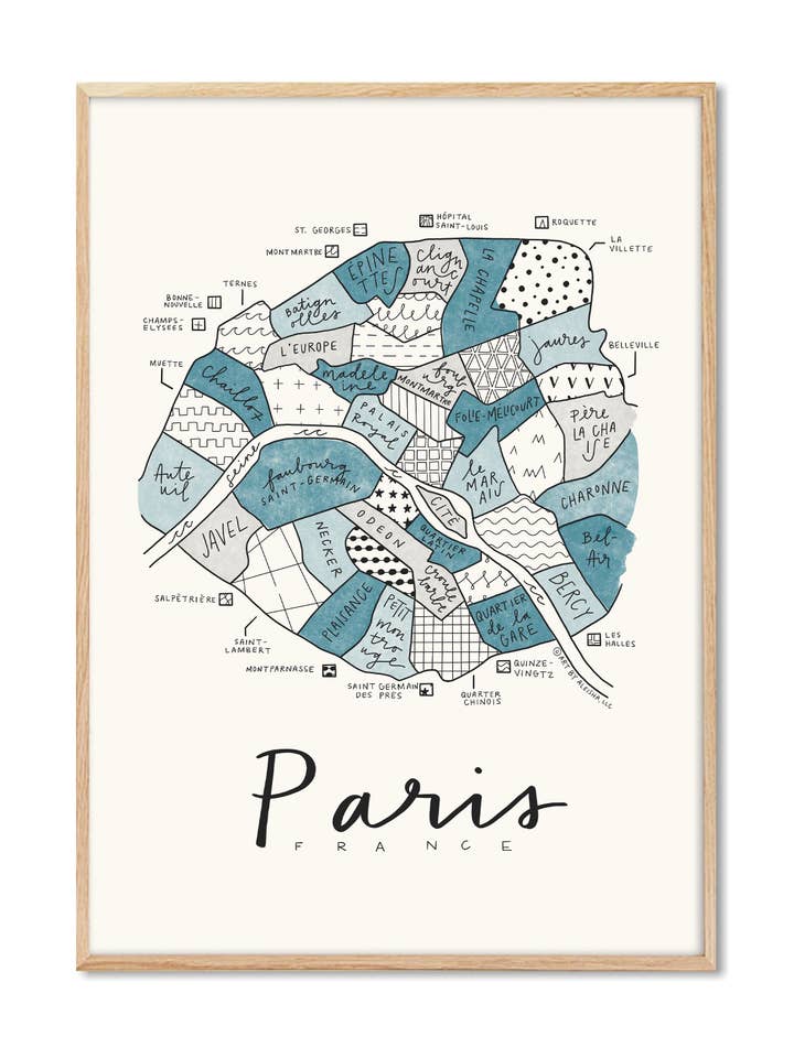 Aleisha - Paris Neighborhood Map Blue for wholesale by PSTR Studio