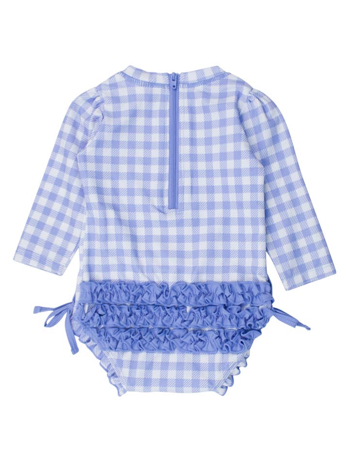 Baby Girls Periwinkle Blue Gingham Long Sleeve One Piece Rash Guard Swimsuit with Signature Rear Ruffles
for wholesale on Faire