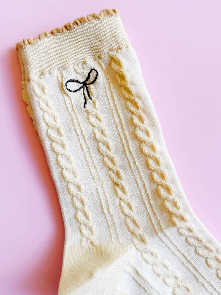 Ellison+Young - Wholesale Socks - Women's - Mini Bow Embroidered Cabled Socks