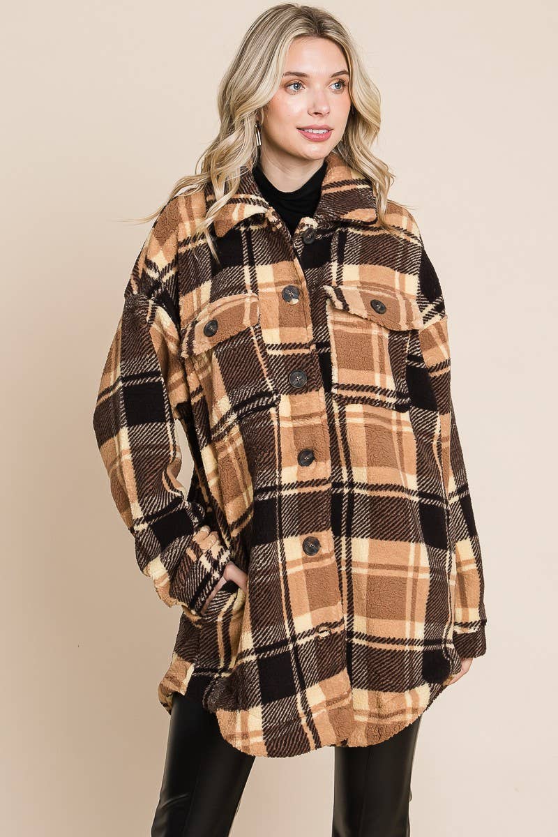 BNS - Wholesale Shirt Jacket/Shacket - Women's - Plaid Print Drop Shoulder Teddy Shacket w/Pockets4